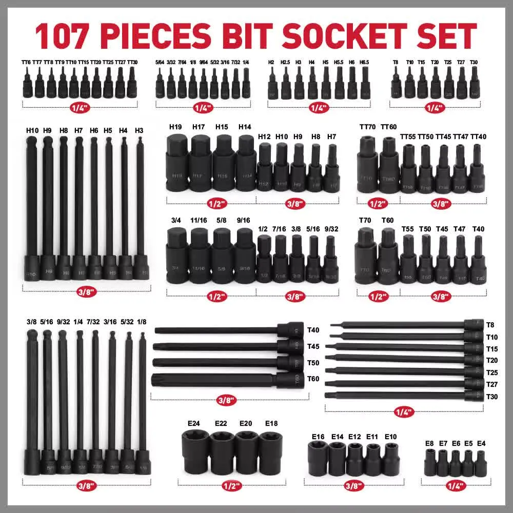 107Pc Hex & Torx Bit Socket Set | E-Torx Extra Long Allen Key Sockets | Metric & SAE