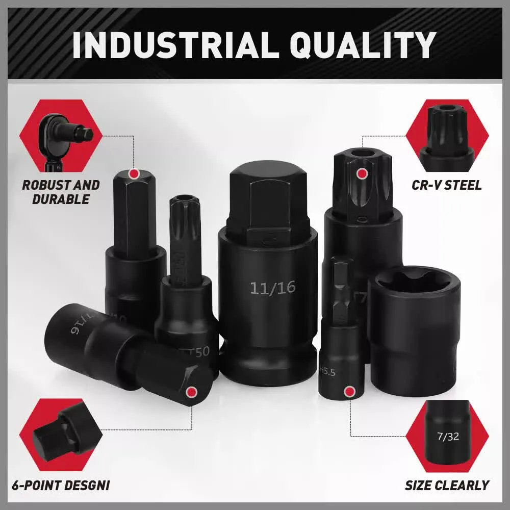 107Pc Hex & Torx Bit Socket Set | E-Torx Extra Long Allen Key Sockets | Metric & SAE