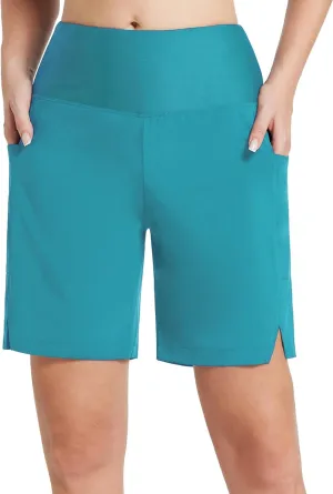 baleaf Women's Swim Shorts Long 7" High Waisted Board Shorts Knee Length Beach Shorts for Women Swimsuits Aqua Blue XS