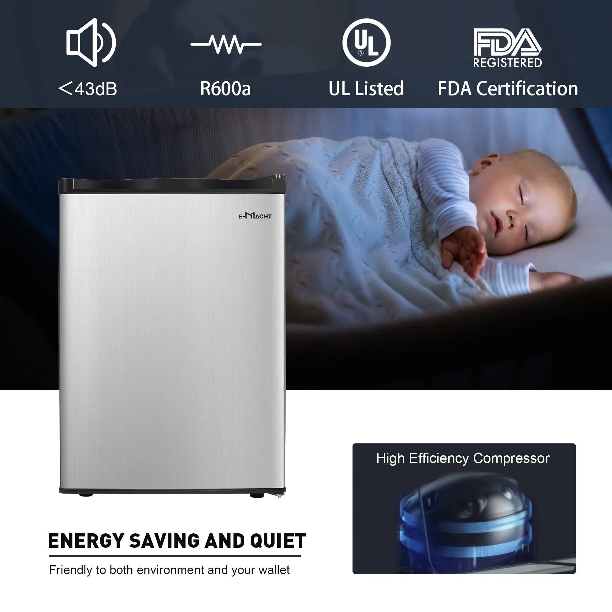 E-Macht Single Door Compact Refrigerator with Freezer, Adjustable Legs and Adjustable Temperature Control, Reversible Door