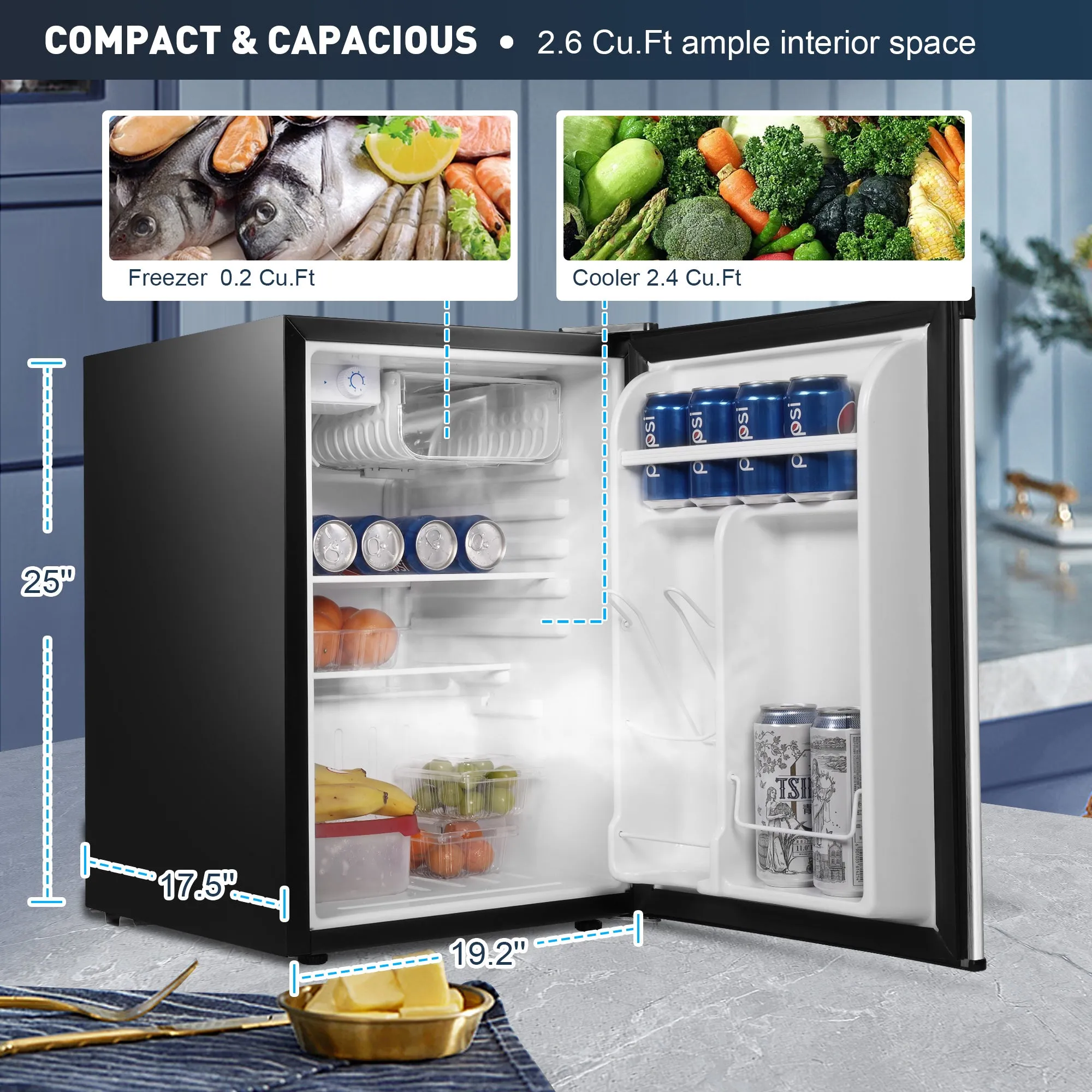 E-Macht Single Door Compact Refrigerator with Freezer, Adjustable Legs and Adjustable Temperature Control, Reversible Door