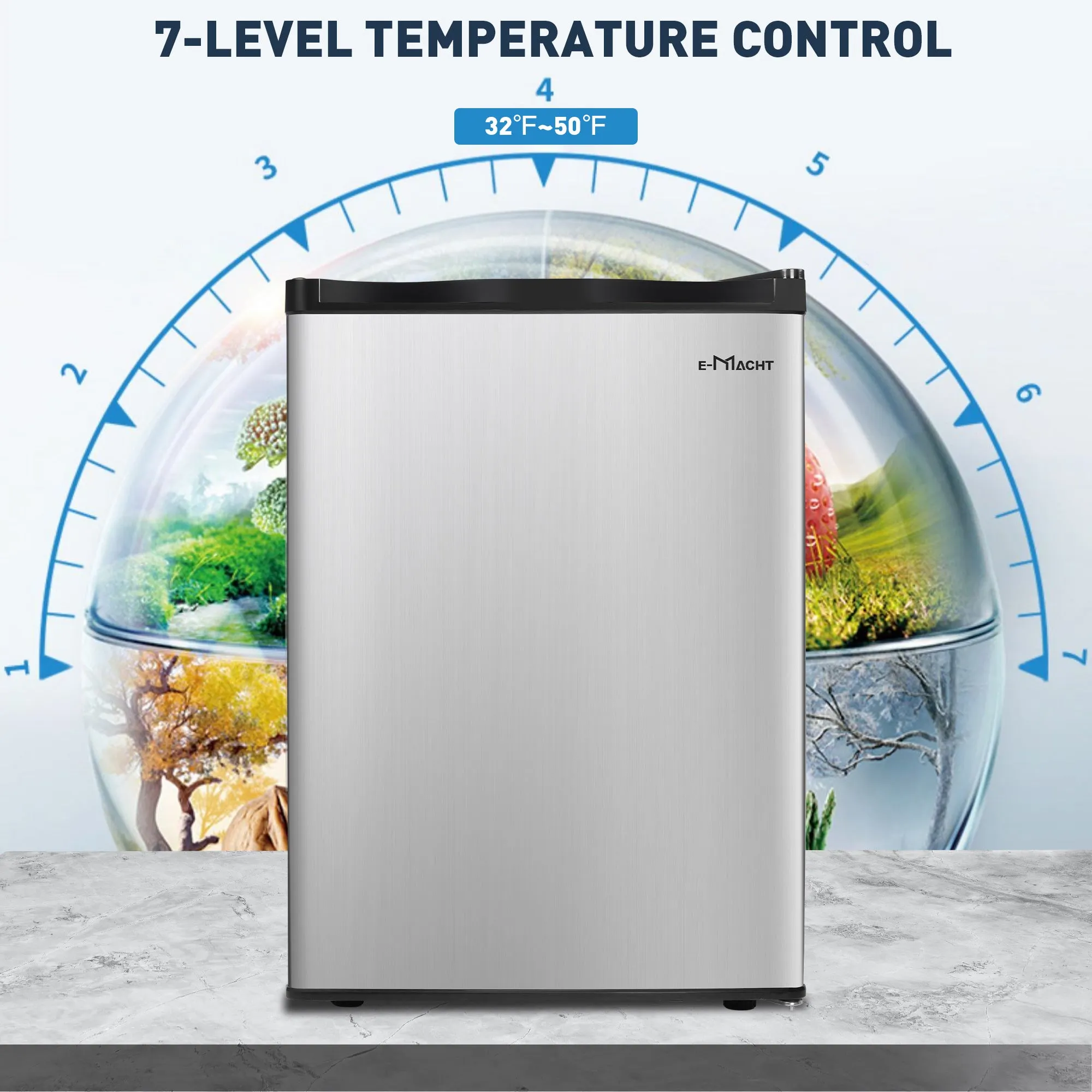 E-Macht Single Door Compact Refrigerator with Freezer, Adjustable Legs and Adjustable Temperature Control, Reversible Door