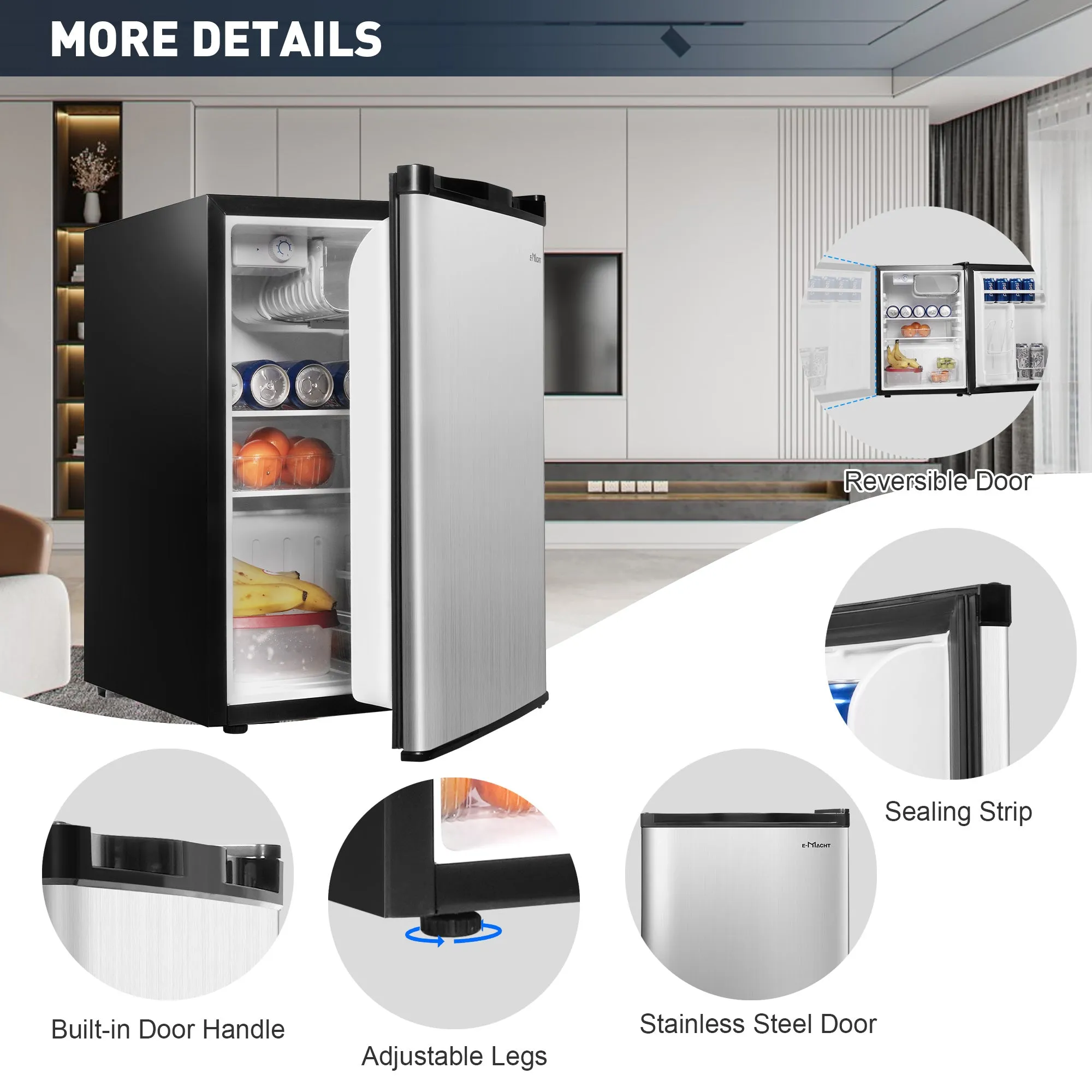 E-Macht Single Door Compact Refrigerator with Freezer, Adjustable Legs and Adjustable Temperature Control, Reversible Door