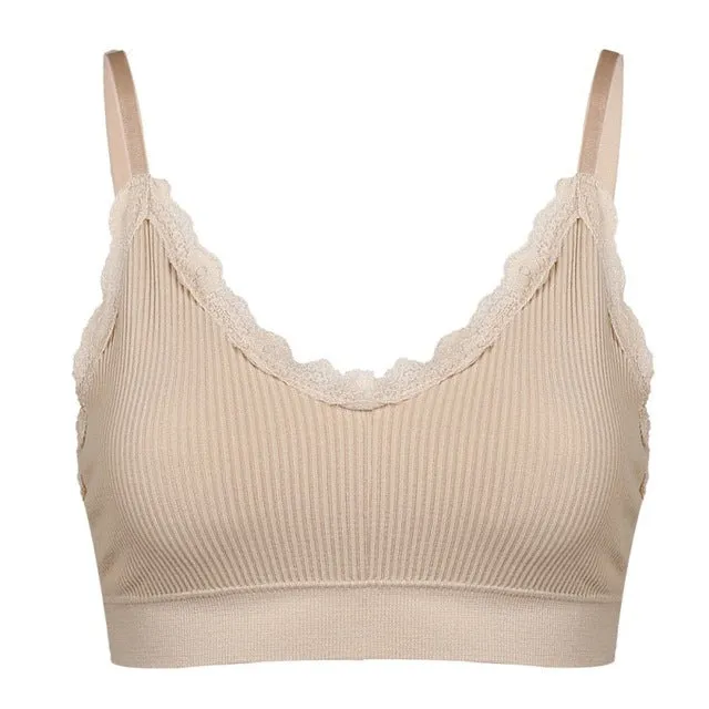 Seamless Bra Sexy Lace Crop Top Beauty Strap Summer Camis With Chest Pad Gathered Push Up