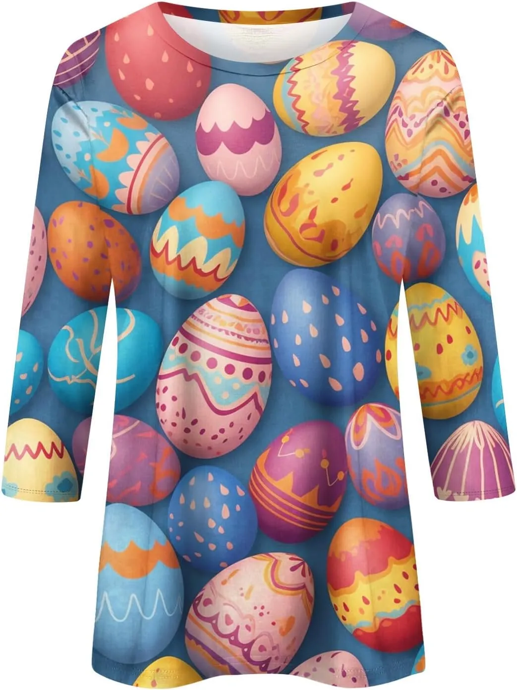 Womens Cute Bunny Rabbit Print T Shirt Happy Easter Graphic Tee 3/4 Length Sleeve Round Neck Blouse Casual Easter Top