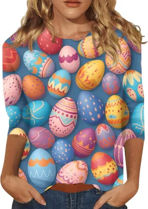 Womens Cute Bunny Rabbit Print T Shirt Happy Easter Graphic Tee 3/4 Length Sleeve Round Neck Blouse Casual Easter Top