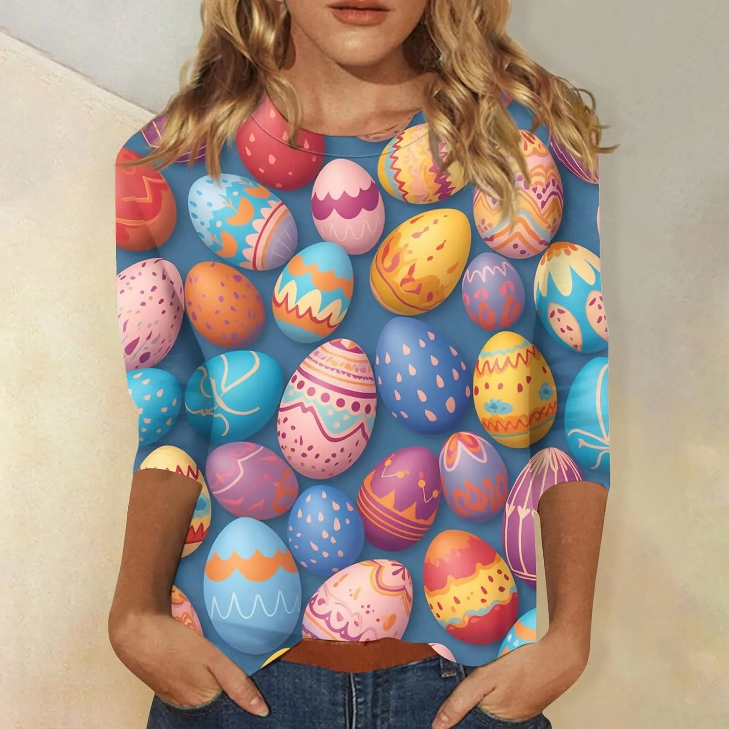 Womens Cute Bunny Rabbit Print T Shirt Happy Easter Graphic Tee 3/4 Length Sleeve Round Neck Blouse Casual Easter Top
